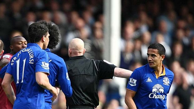 Australian international Tim Cahill, playing for Everton, is sent off after the final whistle for an angry confrontation with Newcastle United's Yohan Cabaye.