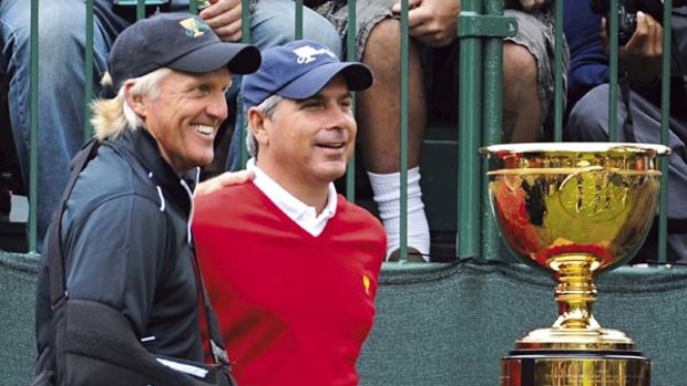 Preview ... captains Greg Norman and  Fred Couples at The Presidents Cup in San Francisco last year. Both will play at The Lakes in December. The Cup's 2011 series is at Royal Melbourne