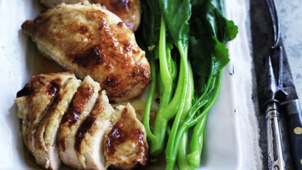Roast lemongrass and ginger chicken with Asian greens.