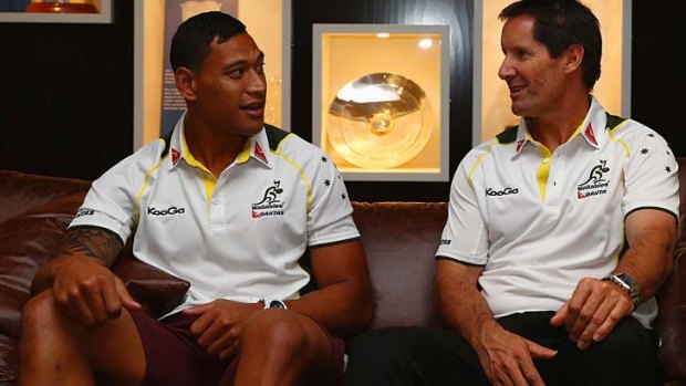 Israel Folau and Wallabies coach Robbie Deans after Friday's media conference.