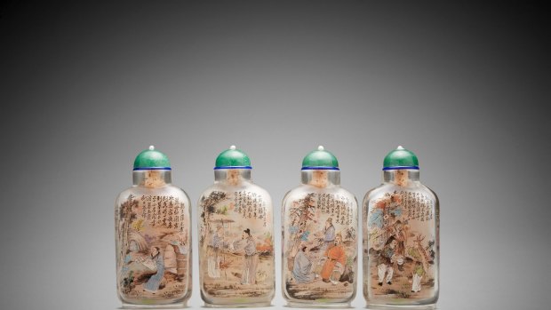 Four of a set of 12 Chinese inside-painted   Twenty-four Filial Exemplars glass snuff bottles, by Liu Ziyi  dated 1986,  sold for $9150 IBP (estimate $3000-$4000).
