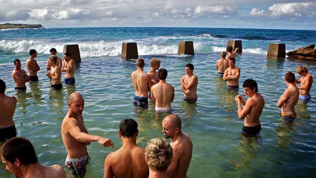 The Sydney Swans recovery session at Googee Beach yesterday.