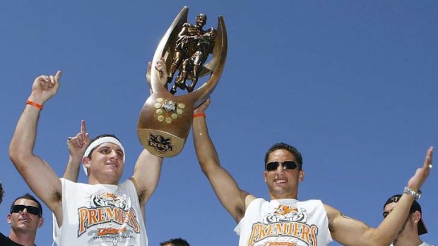 Glory days &#8230; Robbie Farah, left, and Benji Marshall with the Arthur Summons and Norm Provan Trophy for winning the 2005 NRL premiership.