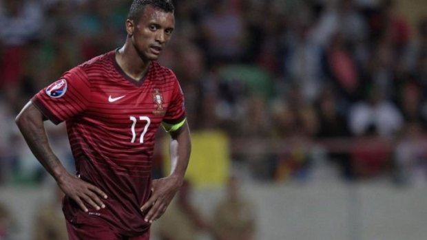 Disbelief: Nani reacts during Portugal's shock loss to Albania.