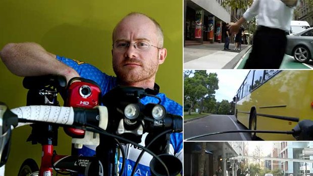 You're on bike-cam . . . Simon Hookham with the video camera mounted on his bicycle, and some of the footage he has captured on his commute, including near-misses with pedestrians and buses.