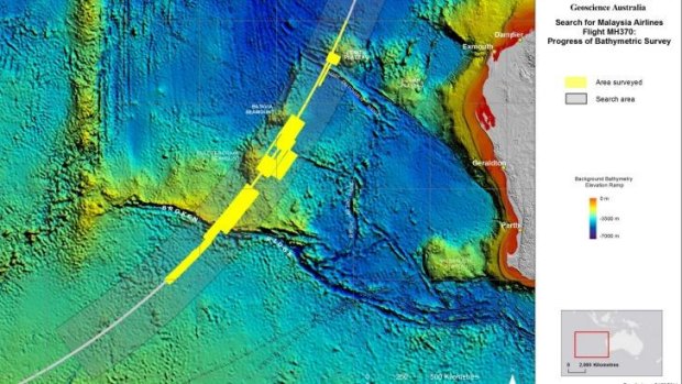 A map of the latest MH370 search area shows the areas already scanned in yellow and the total search area in grey shade. The dark blue areas of the map indicate a depth of up to 7000 metres, while the lighter blue is up to 3500 metres deep and the green and yellow are more shallow waters.