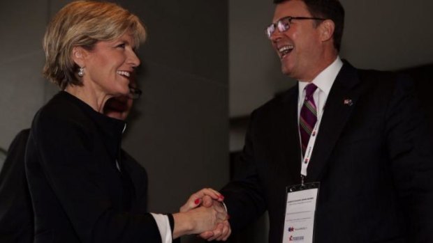 Foreign Affairs Minister Julie Bishop with US Ambassador John Berry at the Alliance 21 conference in Canberra last week. Pyongyang has threatened to "punish" her for being a "US stooge".