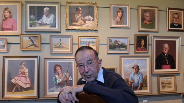 15 September 2011 NEWS/THIS LIFE Canberra Times photograph by GRAHAM TIDY Story by Sarina Talip. Brother Don Gallagher at his studio/gallery at St Edmunds College. He is holding a retrospective exhibition in October. He poses in front of some of his works.
