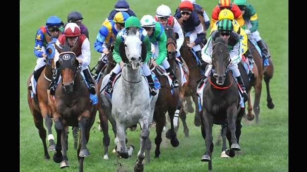 Chad  Schofield (far right) heads to the first bend on Shamus Award in the Cox Plate on Saturday.