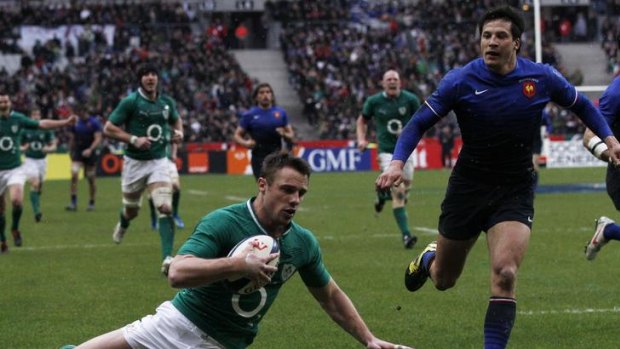 Ireland's Tommy Bowe scores a try.