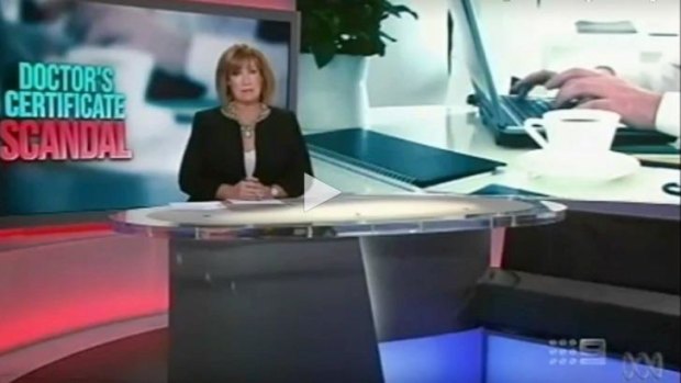 Still from A Current Affair show about doctors issuing fake medical certificates for sick days. Presenter Tracy Grimshaw.