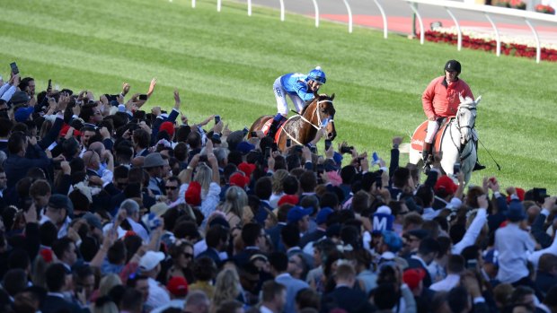 Adoring crowd: Hugh Bowman and Winx parade in front of the faithful.