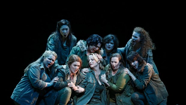 The Valkyries have landed: Anna-Louise Cole (Gerhilde), Hyeseoung Kwon (Helmwige), Dominica Matthews (Schwertleite), Roxane Hislop (Rossweisse), Lise Lindstron (Brunnhilde), Nicole Youl (Grimgerde), Amanda Atlas (Siegrune), Olivia Cranwell (Ortlinde) and Sian Pendry (Waltraute).