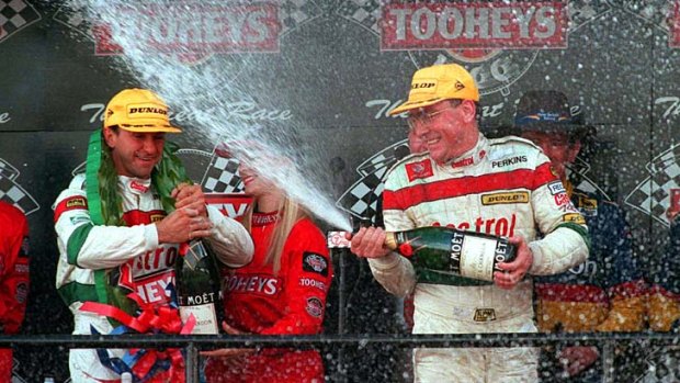 Historic fightback &#8230; Larry Perkins, right, with Russell Ingall celebrate their come-from-behind win at Bathurst in 1995.