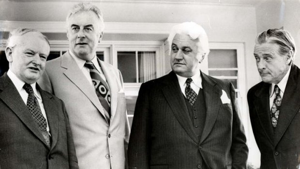 Frank Crean, Gough Whitlam, John Kerr and Jim Cairns after Cairns was sworn in as treasurer replacing Crean in December 1974.