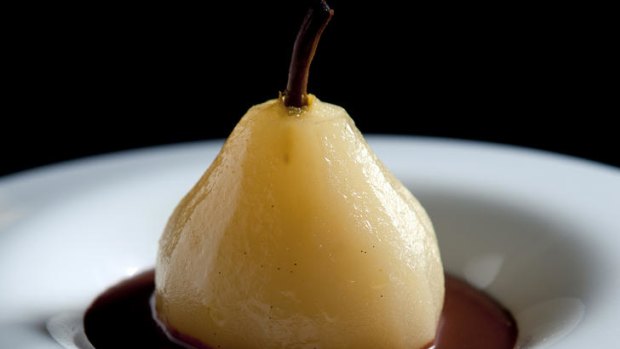 Justin North's poached pears with chocolate sauce.