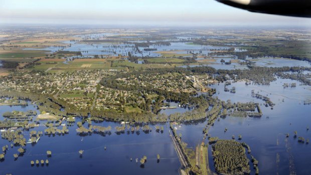 Flood-affected towns Numurkah and Nathalia. Rising water inundated homes and threatens more along the Victorian border.