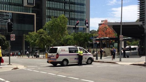 Police have closed part of George Street due to a security threat outside the courts complex. Photo: Ebony Cavallaro, Nine News.
