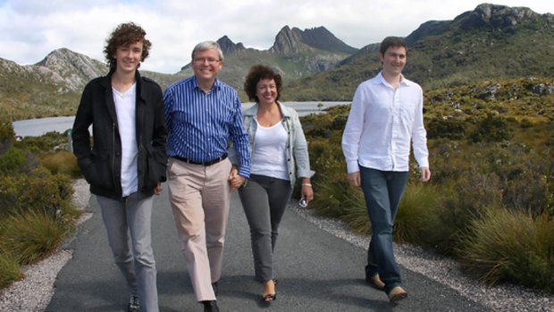 Prime Minister Kevin Rudd with his wife Therese Rein and sons Marcus and Nick at Cradle Mountain.