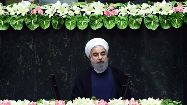 Iran's President Hasan Rouhani delivers a speech after his swearing-in ceremony for the second term in office, at the parliament in Tehran, 