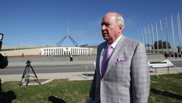 Broadcaster Alan Jones at the anti-wind farm rally out the front of Parliament House in Canberra on June 18.