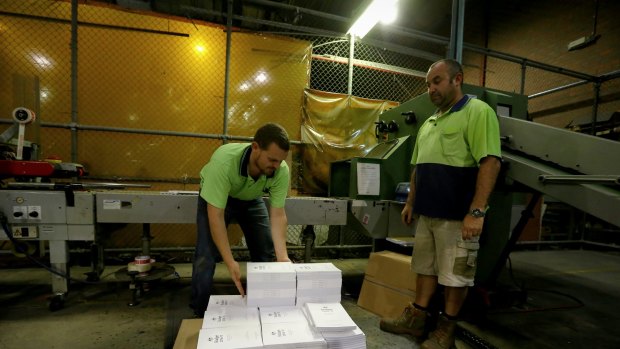 2016-17 Budget papers being prepared at the printers in Fyshwick, Canberra on Sunday 1 May 2016. Photo: Alex Ellinghausen