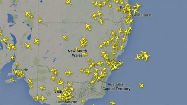 Planes flying over skies in southern Australia, taken from flightradar24.com.