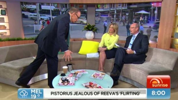 Favourite exercise: Bob Carr shows Samantha Armytage and David Koch how to do the one-legged Romanina deadlift.