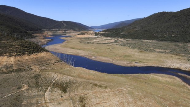 The Thomson Dam this week. It is so depleted that the  course of the Thomson River is now exposed. There is just enough water in Melbourne's nine main dams to supply the city  for about 500 days.