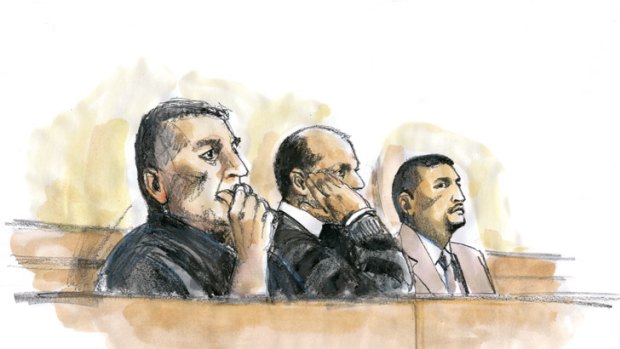 A court illustration of (from left) Paul Pavlou, Carlos Torres and Jose Quiroga.