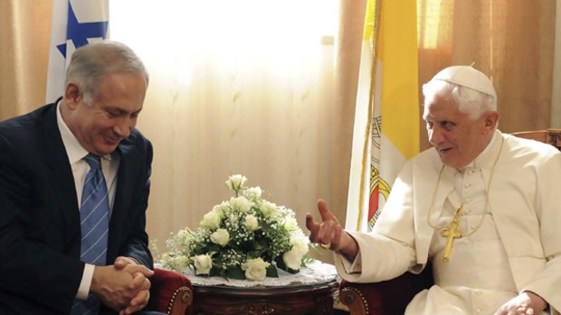Israeli Prime Minister Benjamin Netanyahu meets Pope Benedict XVI  in Nazareth during the pontiff's tour of the Holy Land.