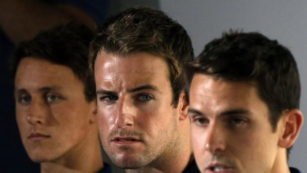 Dark days: James Magnussen (centre) with Cameron McEvoy and Eamon Sullivan face the music after the infamous Stilnox scandal in 2012.