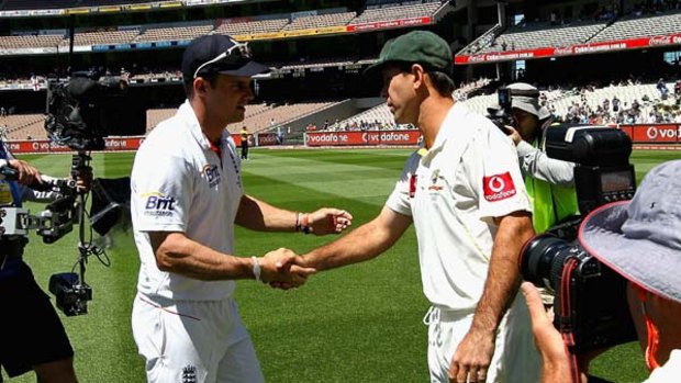 England captain Andrew Strauss of England shakes hands with counterpart Ricky Ponting of Australia.