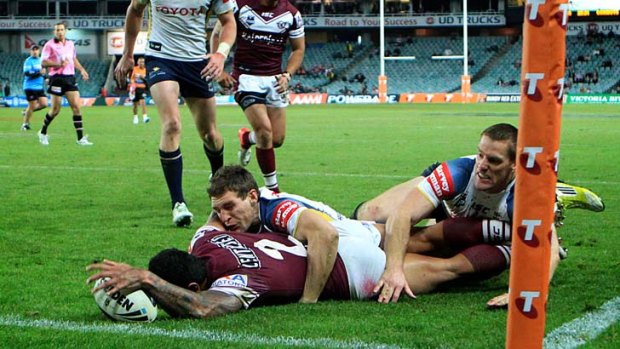 This Jorge Taufua try was one of two controversially awarded to Manly against the Cowboys.