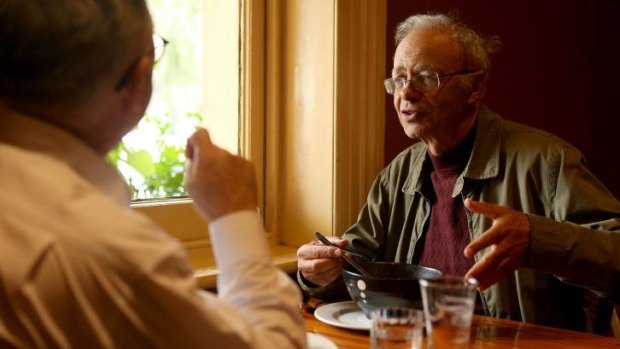 Peter Singer chats over lunch at Shakahari, in Carlton. He says everybody can do some good, even those who don't earn a lot.