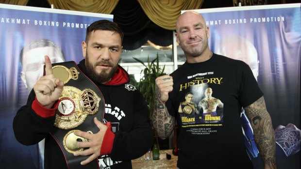 Australia's Lucas Browne, right, and Uzbekistan's Ruslan Chagaev, before their world heavyweight title bout.