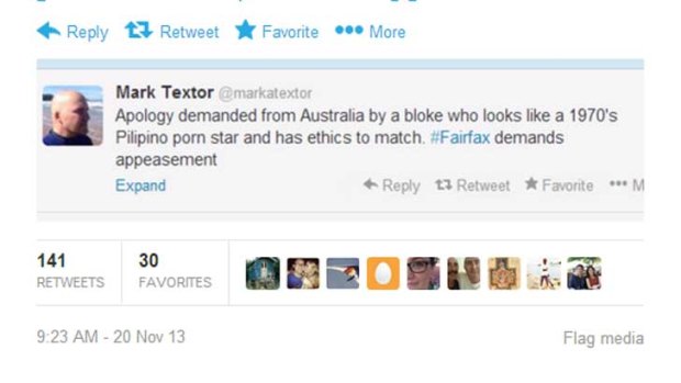 Mark Textor's tweet that has made the front page of Indonesia's main newspaper
