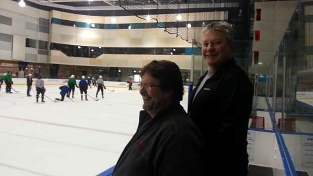 Mustangs off-ice gurus Andy McDowell and Ken McCoy oversee training.