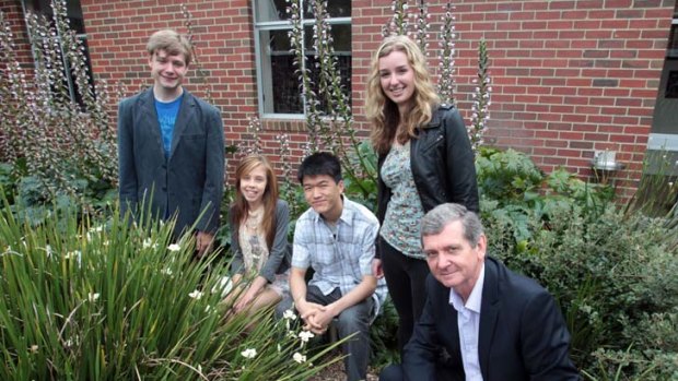 From left are Huntingtower school students Hamish Gould, Kahli Joyce, Hansen Shen and Alison Pettit with Principal Sholto Bowen.
