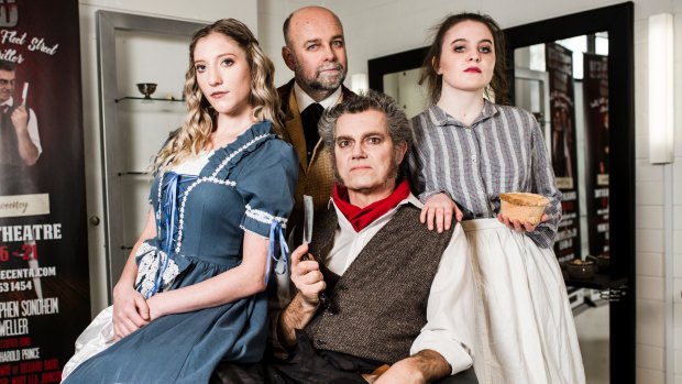 Sweeny Todd, The Demon Barber of Fleet Street. Presented by Dramatic Productions and directed by Richard Block. Demi Smith as Johanna, Gerard Fitzsimmons as Fogg, David Pearson as Sweeny Todd, and Meaghan Stewart as Mrs Lovett. 