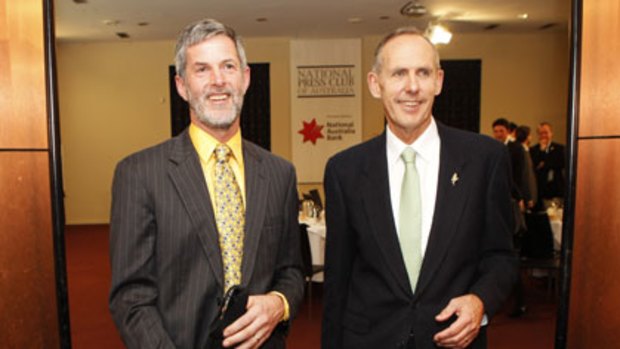 "Never been happier" ... Bob Brown, with his partner Paul Thomas, at the National Press Club in Canberra yesterday.