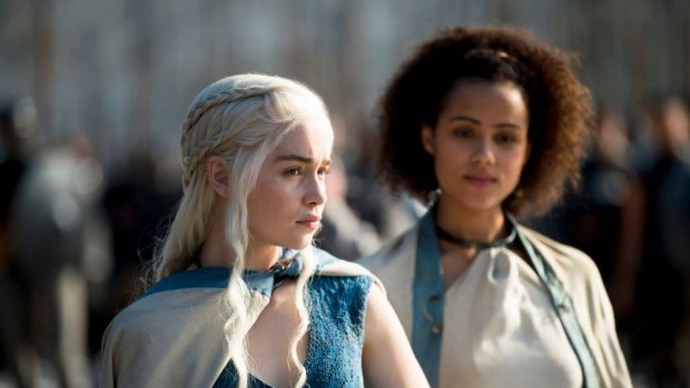 Emilia Clarke as Daenerys Targaryen, left, aka Khaleesi, in Game of Thrones.