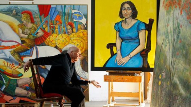 Prolific: Salvatore Zofrea with his portrait for the Archibald prize, and his entries for the Sulman and Wynne prizes.