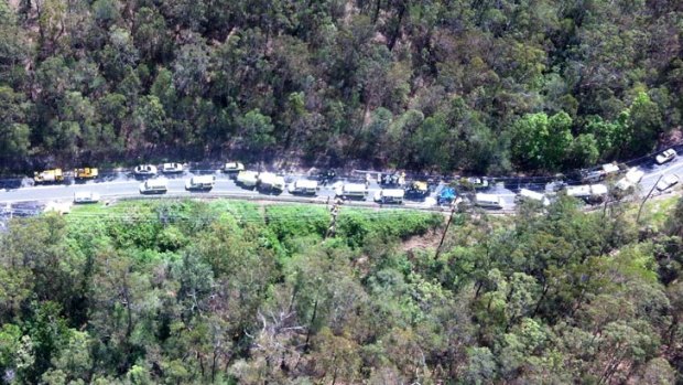 An aerial shot of the bus rollover at Mt Tamborine on Sunday.