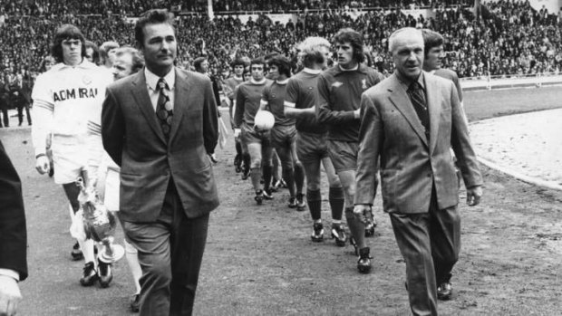 David Pearce's men: Leeds manager Brian Clough, left, and Bill Shankly, Liverpool, leading their teams out for the 1974 Charity Shield at Wembley.