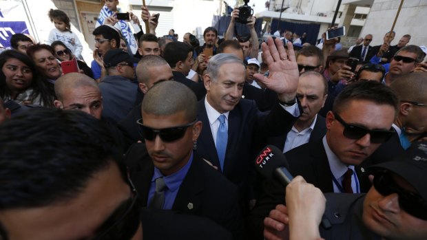 Israel's Prime Minister Benjamin Netanyahu campaigns in the southern city of Ashkelon on Tuesday.