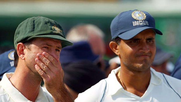 Ricky Ponting with Saurav Ganguly at the post-match presentation ceremony after the second Test in Mohali in 2008. Australia lost by 320 runs.
