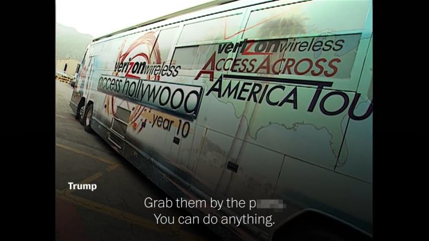 The 2005 Access Hollywood video includes audio of Billy Bush and US President Donald Trump having a conversation inside the bus, as well as audio and video once they emerge from it to begin shooting the segment.