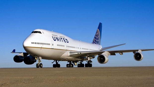 A United Airlines 747 jumbo jet.