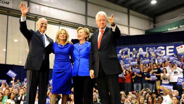 Democratic vice-presidential candidate Joe Biden and wife Jill with US Senator Hillary Clinton and Bill Clinton.